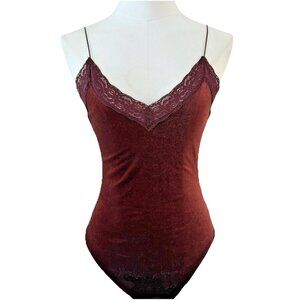 Forever 21 Lace Trim Velvet Velour Bodysuit Size S Brown Spaghetti Strap Y2K